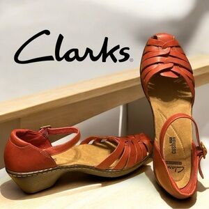 Clarks Collection Soft Cushion Red Leather Fisherman Wedge Sandals